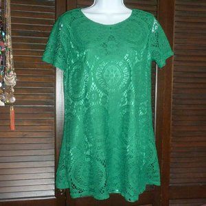 Bright Kelly Green, Short Mini, Crochet Shift Dress, Short Sleeve, Lined, M L